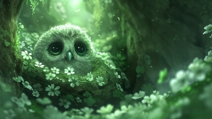  An owl perched amidst a lush forest, surrounded by emerald foliage and vibrant blossoms, with its eyes alert - obrazy, fototapety, plakaty