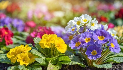 sunny spring day in a flower bed different primroses plentifully blossom different inflorescences different colors