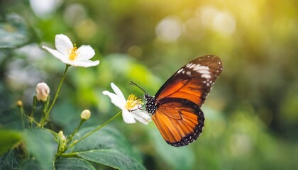 closeup of orange and black butterfly with white flower on blurred green leaf background under sunlight with copy space using as background natural flora insect ecology cover page concept
