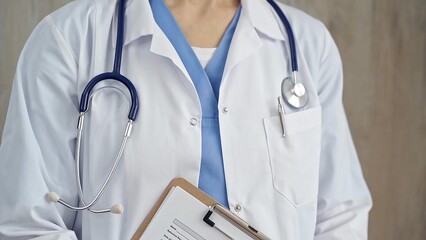 Confident healthcare professional with stethoscope. Close-up of a medical doctor in white coat with medication history record form and clipboard. Medicine concept