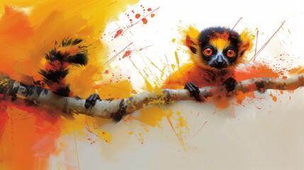  A vibrant monkey portrait, adorned with orange and yellow splatters on its animated face