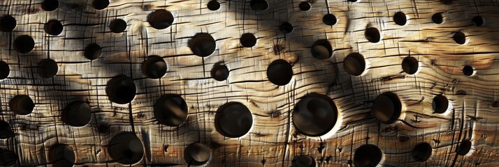 Close-up of weathered wood with natural holes and textures, highlighting the organic beauty of the material