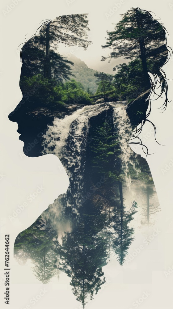 Poster A close-up of a womans face with trees reflected in the water below, creating a mesmerizing double exposure effect. The womans features are beautifully intertwined with the natural elements, highlight