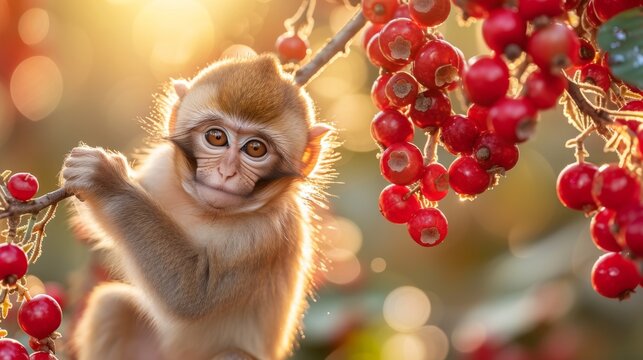  A photo of a monkey on a tree with red berries in the background