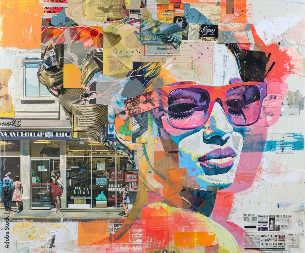 Poster a collage featuring a womans face combined with sunglasses, creating a unique and modern artwork. th