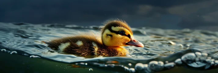 Foto op Plexiglas Colorful Duckling Serenely Floating/Swimming on Water Illustration. Generative AI.  © Carl & Heidi