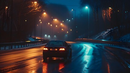 Car driving on road at night
