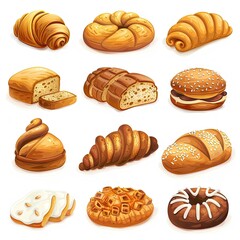 Icons of delightful assortment of freshly baked pastries isolated on white background.