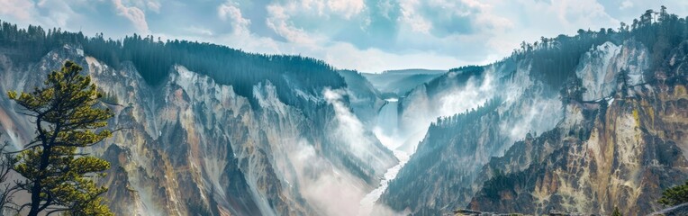 A watercolor painting depicting a majestic mountain with a waterfall cascading down its rugged slopes.