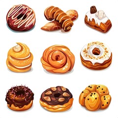 Icons of delightful assortment of freshly baked pastries isolated on white background.