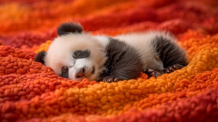  A tiny monochrome panda cub napping under an orange-red covered quilt