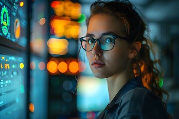 Woman monitors servers with advanced technology in control room for cybersecurity company. Concept Cybersecurity, Tech Control Room, Advanced Monitoring, Server Management, Corporate Technology