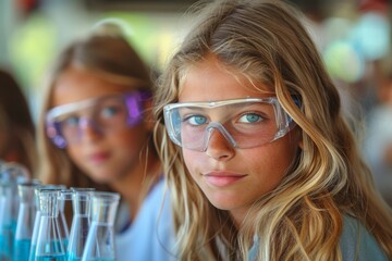 Obraz premium Young Student with Safety Goggles Conducting Science Experiment