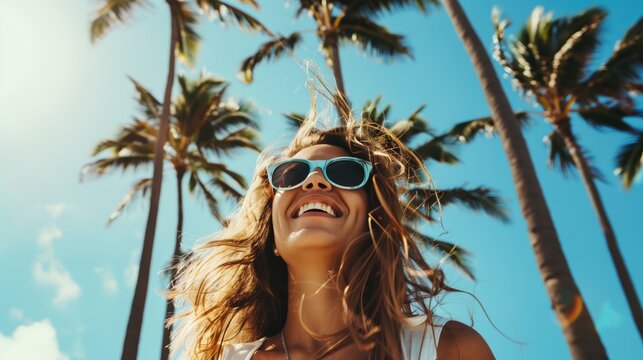 a woman in sunglasses takes a selfie against the background of palm trees. This image can be used to convey the fun and relaxed atmosphere of a tropical getaway.