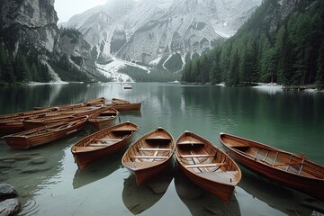 mountain lake boats moored near the shore - obrazy, fototapety, plakaty