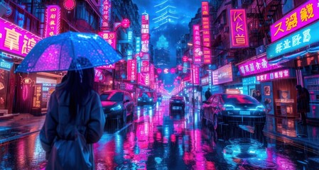 Woman Walking Down Street With Umbrella Generative AI