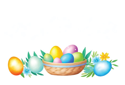 a painting of easter eggs in a basket with flowers