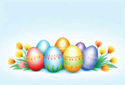 a painting of easter eggs with a blue background with a floral pattern