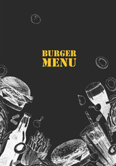 Burger Menu. Hand-drawn illustration of dishes and products. Ink. Vector	