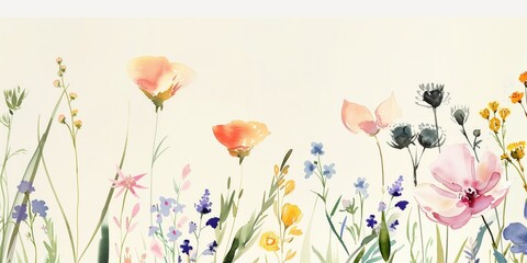 watercolor wildflowers, pastel colors, light cream colored background, empty space for text