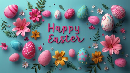 Fototapeta na wymiar Blue Background With Flowers, Eggs, and Happy Easter Message