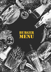 Burger Menu. Hand-drawn illustration of dishes and products. Ink. Vector	