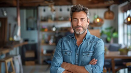 Fototapeta premium Man in White Shirt Poses for Picture