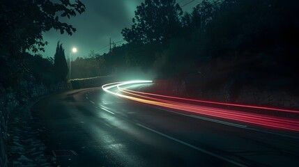 Car light trails in road at night