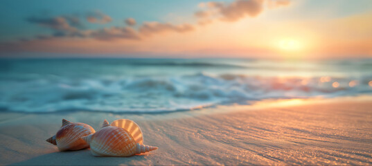 Close-up of seashells on the sand against the background of the sky and ocean at sunset ,the concept of tourism,travel,beach holidays,spa industry,relaxation