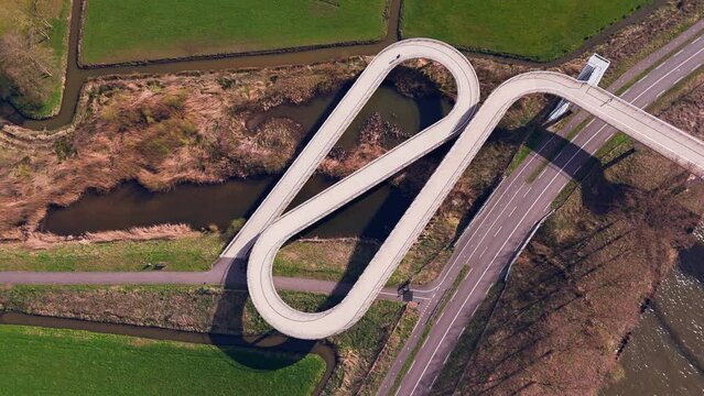 Elevated Passage: Aerial View of Liniebrug Pedestrian and Bicycle Bridge over the Amsterdams Rijnkanaal in the Netherlands