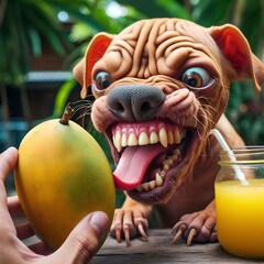 
hungry dog ​​wanting a mango - obrazy, fototapety, plakaty