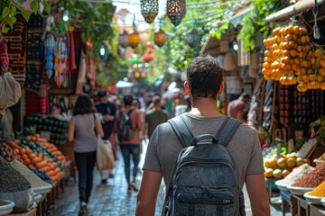 Traveler Navigating Through a Bustling Traditional Market Scene