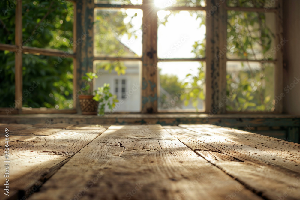 Aufkleber vintage wooden table surface with sunlit garden view through an old rustic window frame. countryside