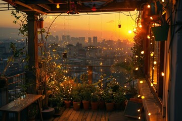 The golden hour illuminates an urban balcony garden adorned with fairy lights, offering a warm and intimate retreat above a glowing city. - obrazy, fototapety, plakaty