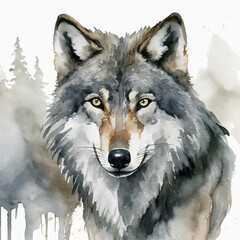 Watercolor illustration of gray wolf on white background. Wild forest animal. Wildlife concept.