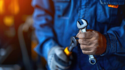 Mechanic is holding wrench in the hand, repair service at car workshop garage