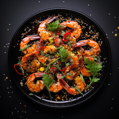 Beautiful shrimp dish on a black plate top view on a beautiful black background 