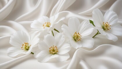 A spring white flowers on flowing white silk, abstract background for card, invitation, prints or wallpaper.