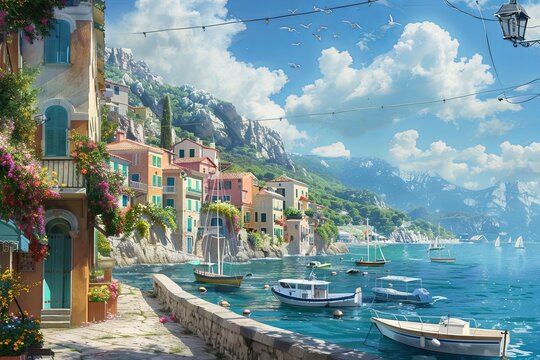 A serene coastal village basks in sunlight, with pastel-colored buildings and sailing boats dotting the clear blue waters, beneath a mountainous backdrop.