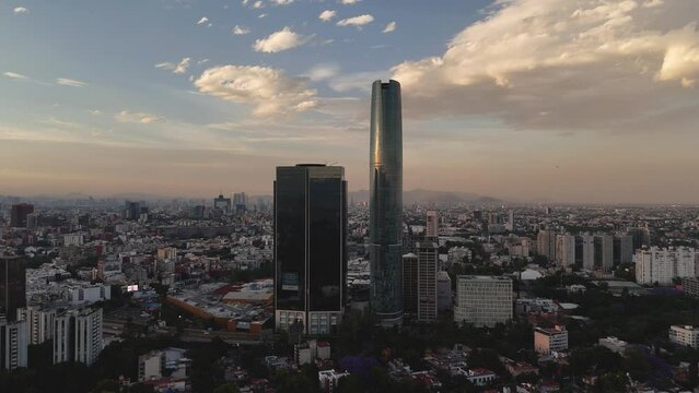 Drone approaching mitikah tower. Mexico City from above