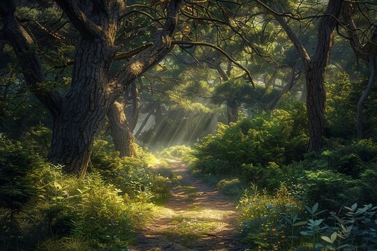 An ethereal morning in the forest, with rays of light breaking through the canopy, casting a gentle glow over the verdant path.