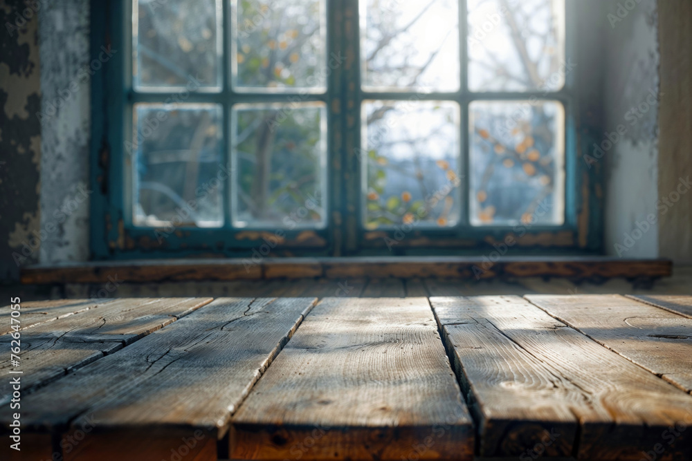 Aufkleber Empty table for product display montages in front of window with sunlight background. High quality photo