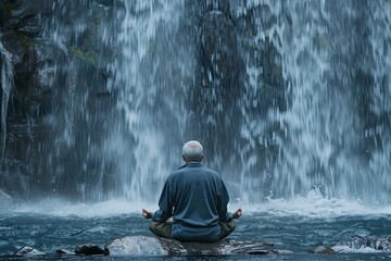 A senior man engages in mindful meditation by a majestic waterfall, the soothing sounds of cascading water complimenting his quest for inner peace. - obrazy, fototapety, plakaty