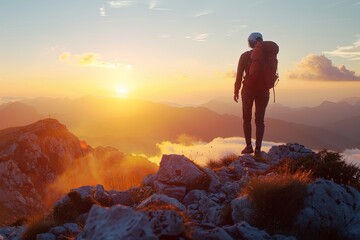 Silhouetted against the sunset, a hiker stands on a rocky summit, contemplating the horizon as day gives way to night in a blaze of glory. - obrazy, fototapety, plakaty
