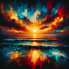 impressionist image of abstract sunset on the beach - obrazy, fototapety, plakaty