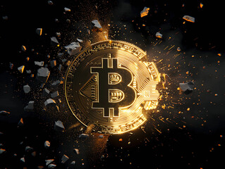 Bitcoin breaking in half with explosion, symbolizing the end of BTC  - obrazy, fototapety, plakaty