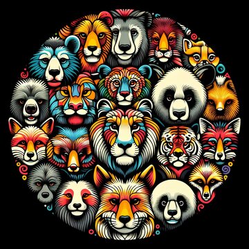 vector and colorful image with several animal heads