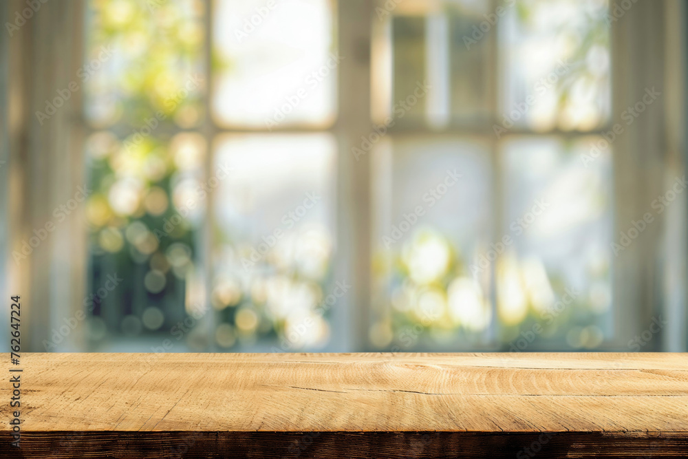 Poster empty rustic wooden tabletop with sunny garden bokeh through window background. high quality photo