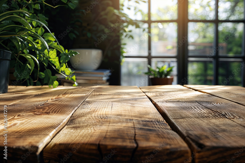 Poster Empty wooden table for product display montages in front of window with sunbeam background. High quality photo