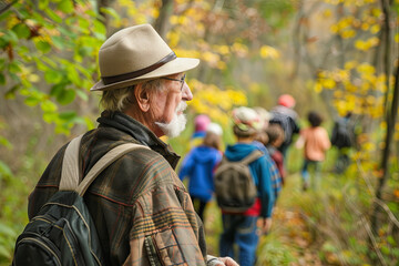 Fototapeta na wymiar An elderly man with a beard and hat leads a diverse group of children on an autumnal educational walk through the forest.